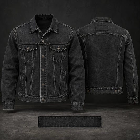 Blank washed-black denim jacket prepared for approved name personalization.
