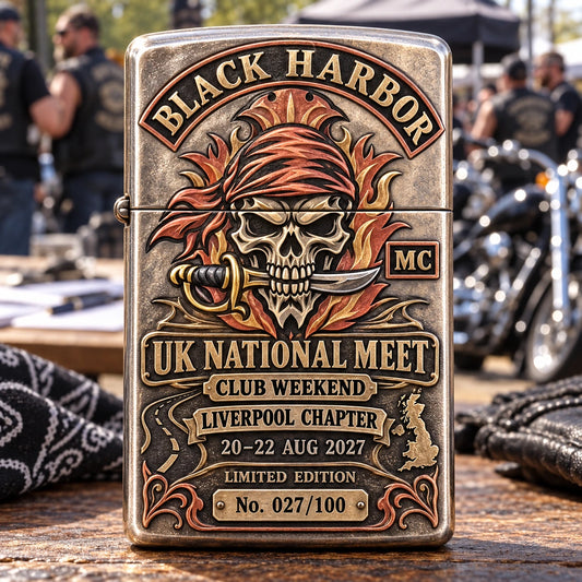 Black Harbor custom motorcycle club lighter displaying UK National Meet, Liverpool chapter, weekend dates and limited number 027 of 100.