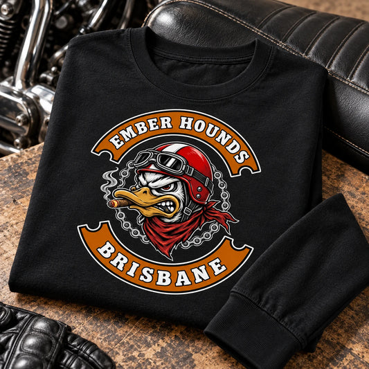 Close product view of natural cotton motorcycle club long-sleeve fabric and printed artwork.