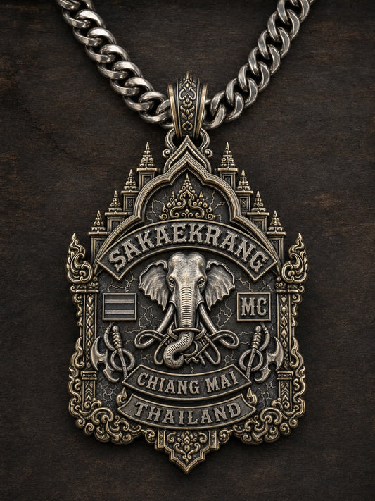 Let the Natural Metal Colors Tell the Story shown as a custom motorcycle club pendant concept based on the authorized Sakaekrang mc Chiangmai Thailand artwork.