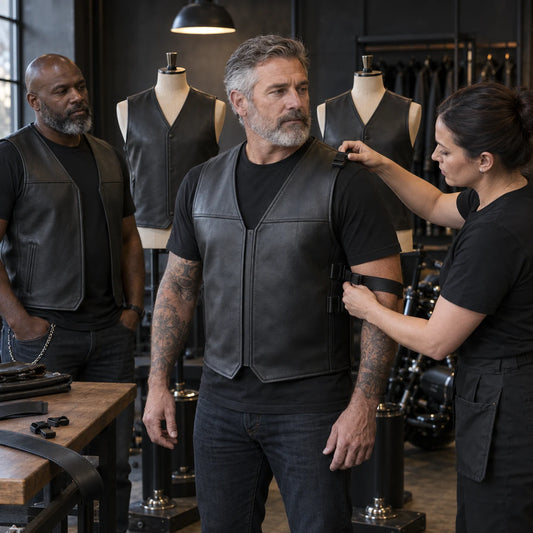 Motorcycle club members preparing measurements for a coordinated new leather vest order.