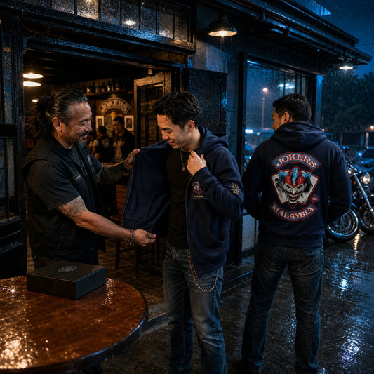 A senior member presents a personalized zip hoodie to a new motorcycle club member in a square clubhouse scene.