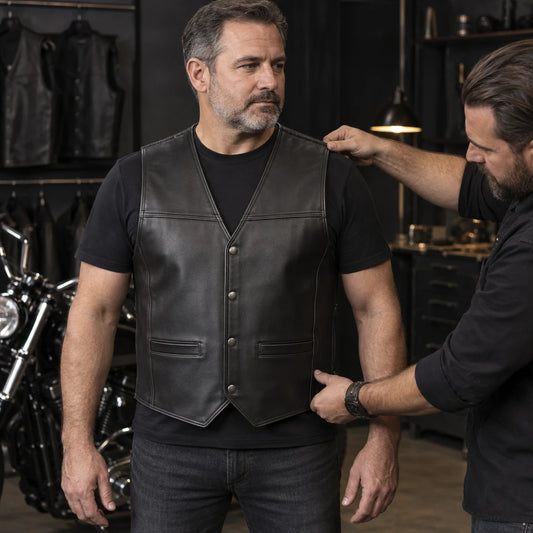 New motorcycle club member being fitted for a blank custom leather vest.