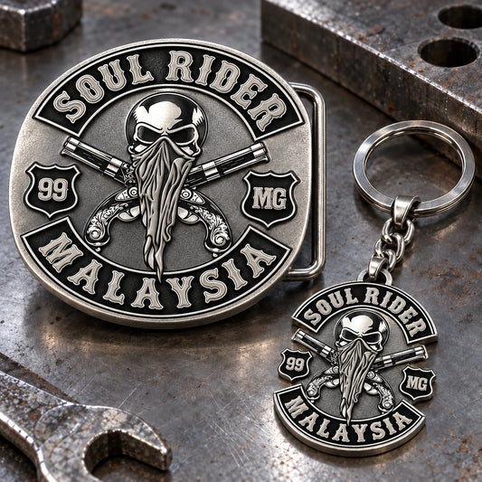 Nickel silver motorcycle club metal gear with cool white-metal color and crisp authorized logo relief.