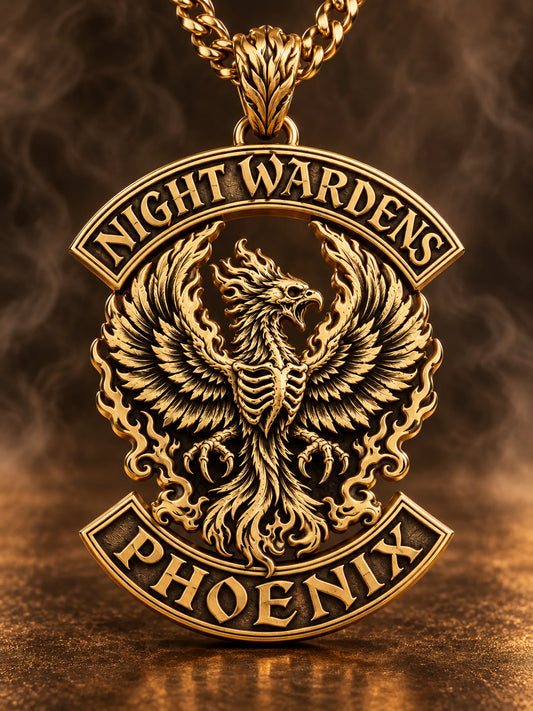 Custom gold-plated pendant concept following the outline of the Night Wardens club emblem.