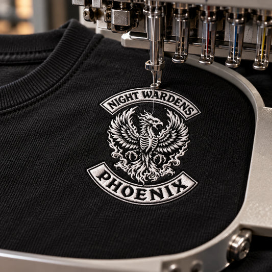 Compact Night Wardens emblem embroidered on the left chest of a premium club T-shirt.