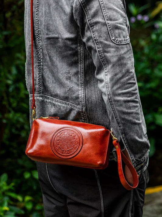 vintage brown nine-palace medallion leather biker crossbody wallet