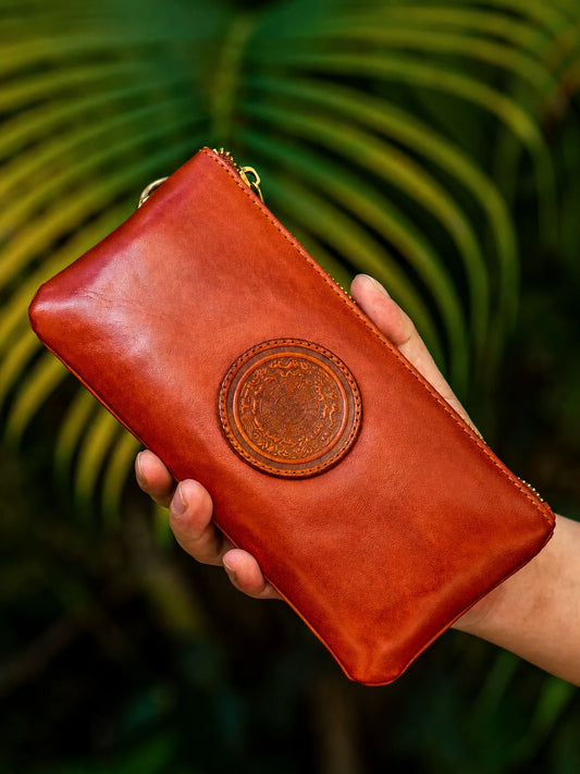 vintage brown top-grain leather zip biker wallet with embossed medallion