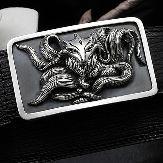 Nine-Tailed Fox Silver Shark Leather Biker Belt — product view