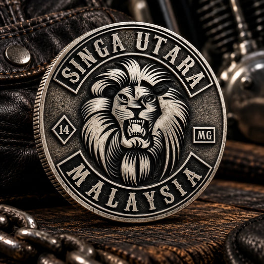 No-color antique metal motorcycle club challenge coin with detailed relief.