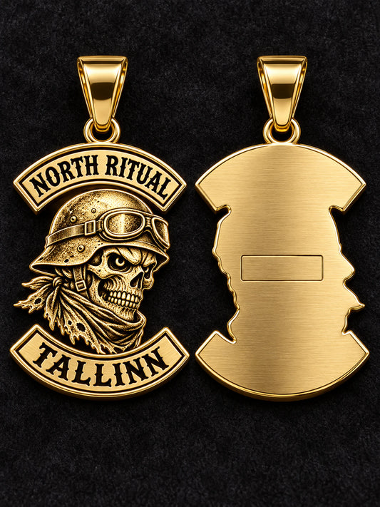 Front and back details of a personalized North Ritual gold-plated motorcycle club pendant concept.
