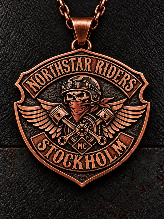 Northstar Riders shield motorcycle club pendant in brushed pure copper with a short chain.