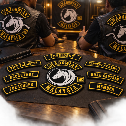 Replacement officer patches in same club standard shown for a custom motorcycle club patch system in chapter meeting table.