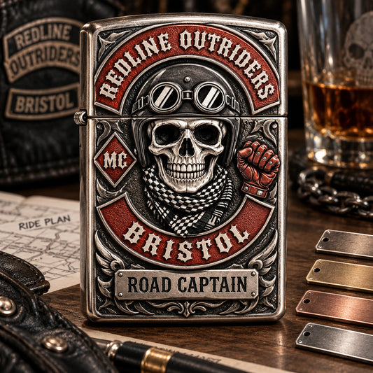 Road captain officer-edition motorcycle club lighter with a removable personalized title plate.