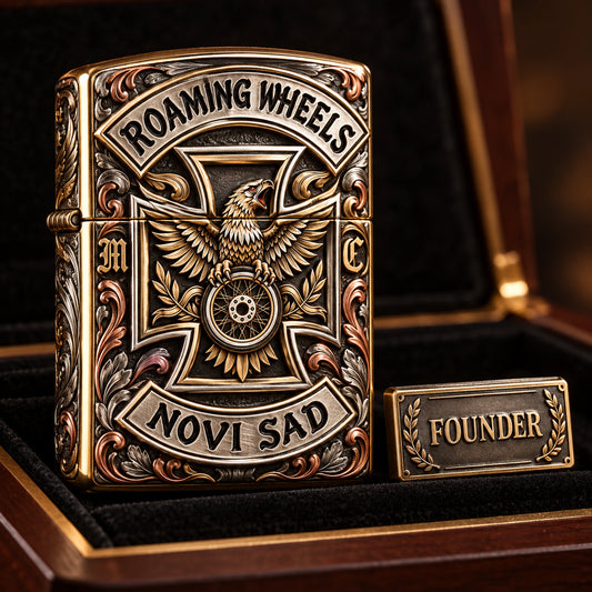 Premium officer lighter with an authorized motorcycle club emblem and layered metalwork