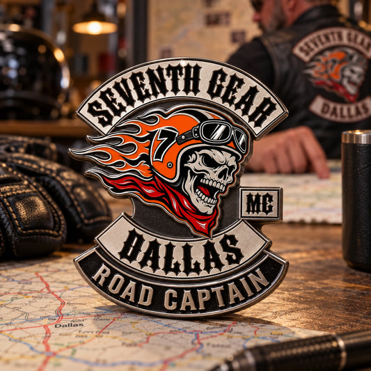 SEVENTH GEAR 3D metal officer pin with an integrated ROAD CAPTAIN role band on a route-planning table.