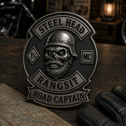 Connected black nickel STEEL HEAD 3D motorcycle club pin with a sculpted helmeted skull and embossed ROAD CAPTAIN role band.