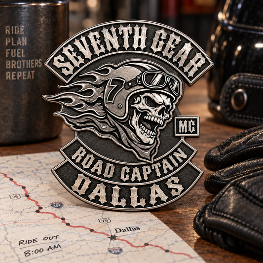 All-metal motorcycle club position pin beside a route briefing map.