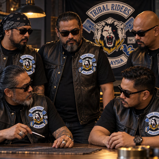 Coordinated officer patches on front vests shown for a custom motorcycle club patch system in chapter meeting room.
