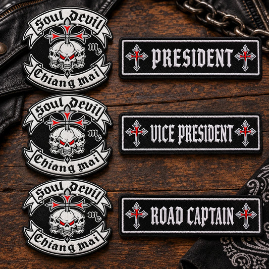 Officer and rank patches coordinated with a motorcycle club patch system.