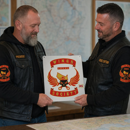 Motorcycle club officer recognition metal sign presented to a road captain.