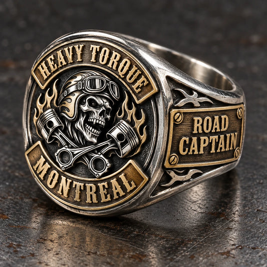 Officer Title designed from an authorized motorcycle club emblem in 925 Sterling Silver + Brass natural metal tones.