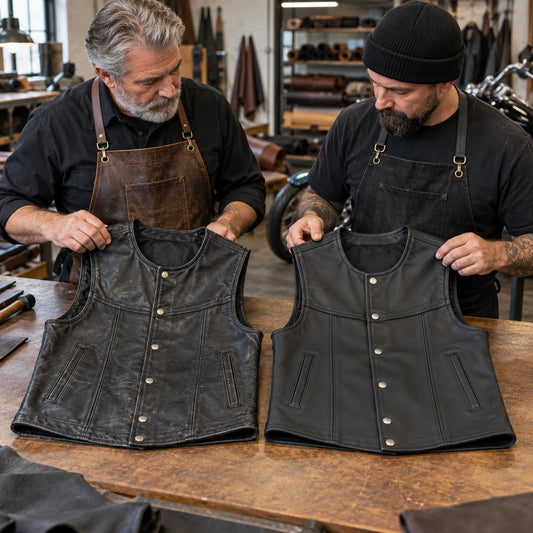 Motorcycle club riders comparing a reference vest with a new coordinated leather vest sample.
