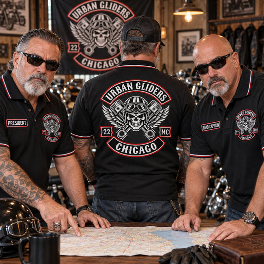 Urban Gliders Chicago motorcycle club officers hold a route briefing in custom polos showing PRESIDENT, ROAD CAPTAIN and a large back logo.