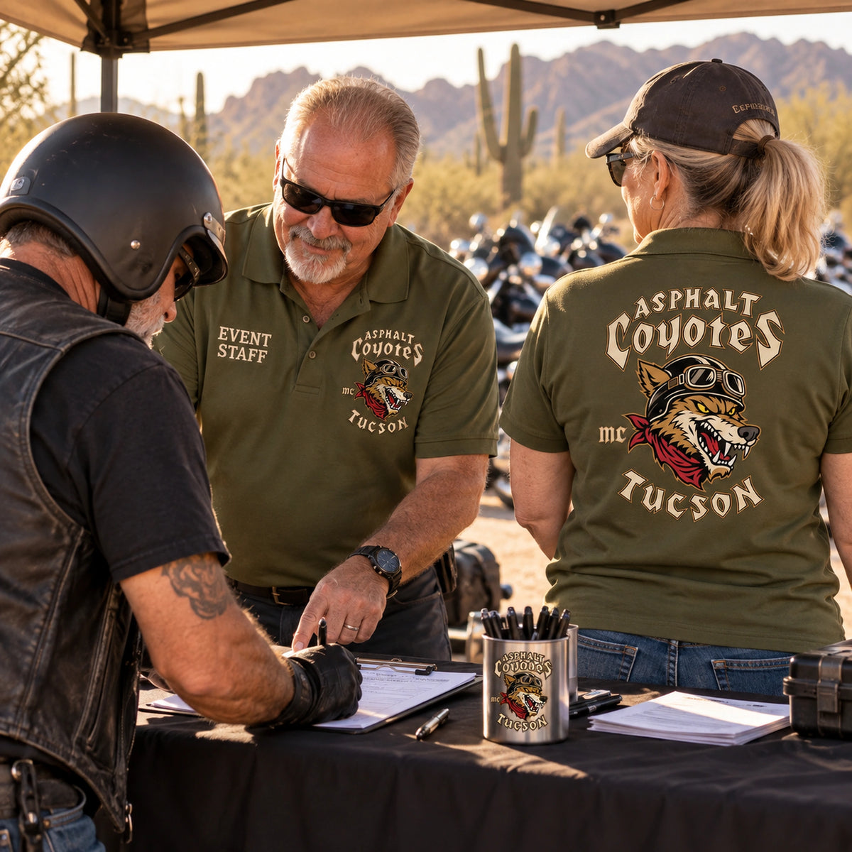 Asphalt Coyotes Tucson motorcycle club registration volunteers wear olive green polos with staff titles, chest emblems and a large back logo.