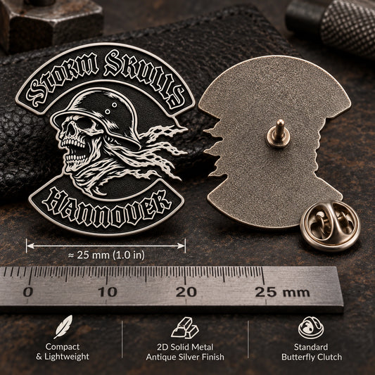 One-inch compact motorcycle club pin with a standard butterfly clutch and clear solid-metal outline.