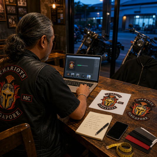 A Chariots Singapore club representative uploads the club logo and hoodie requirements online from the clubhouse.