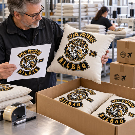 Club officer approves a motorcycle club logo cushion before production.