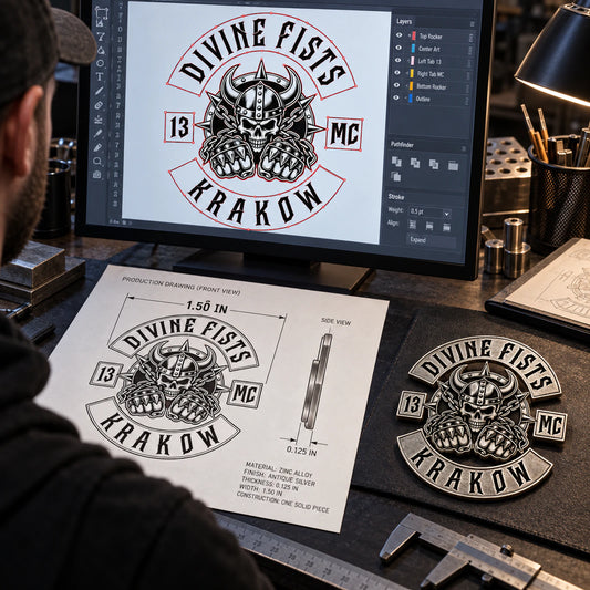 Divine Fists Krakow motorcycle club logo shown as vector artwork, a dimensioned production proof and a finished metal badge.