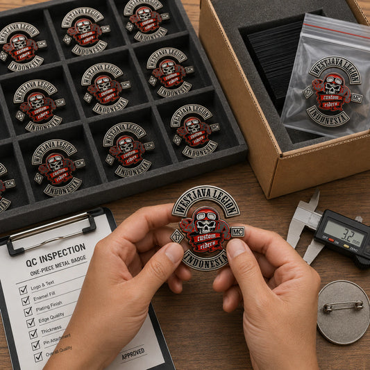 Production, inspection and worldwide shipping featuring a custom metal motorcycle club badge made with an approved club logo.