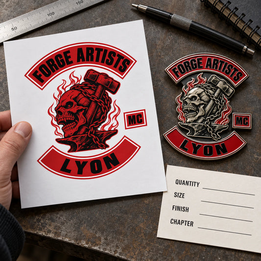 Send your club logo and order details featuring a custom metal motorcycle club badge made with an approved club logo.