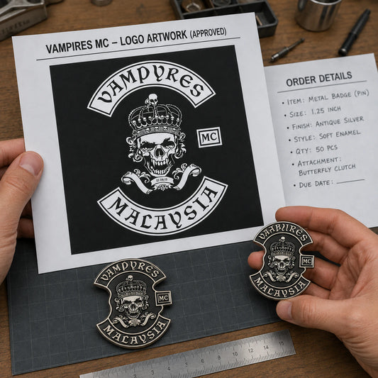 Send your club logo and order details featuring a custom metal motorcycle club badge made with an approved club logo.