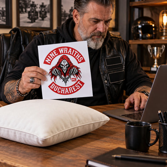 Motorcycle club officer uploads an authorized logo for a custom cushion design.