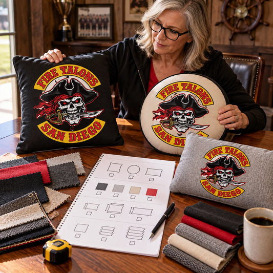 Club representative chooses the size and material for a motorcycle club cushion.
