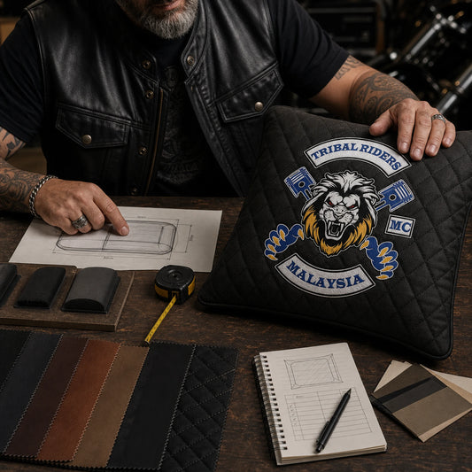 Club representative chooses the size and material for a motorcycle club cushion.