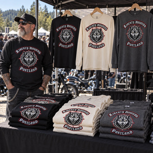 Custom motorcycle club long-sleeve shirts arranged as organized rally merchandise.