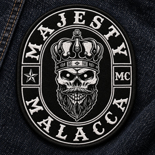Oval motorcycle memorial patch with fine woven detail arranged on dark denim.