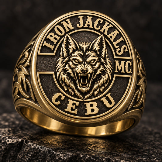 Oval Signet Rings designed from an authorized motorcycle club emblem in Brass natural metal tones.