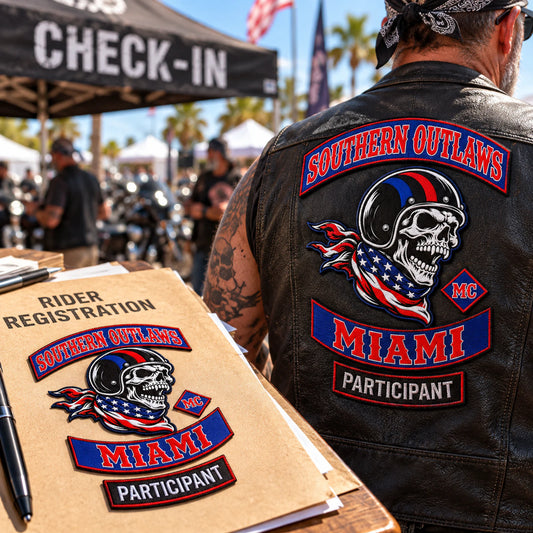 Custom motorcycle club event patch featuring the southern outlaws miami logo for participant version.