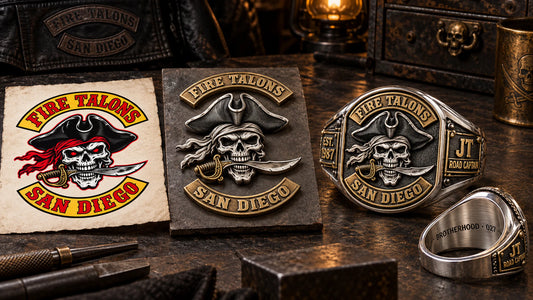 From Club Patch to Metal designed from an authorized motorcycle club emblem in White Copper + Brass natural metal tones.