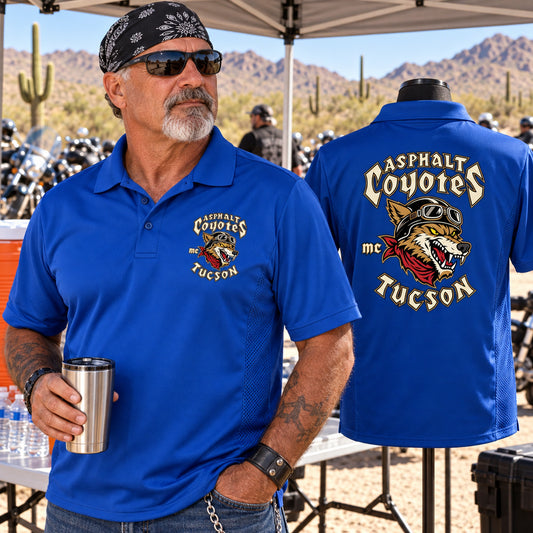 An Asphalt Coyotes Tucson motorcycle club route marshal wears a royal blue performance polo beside a ventilated large-back sample.