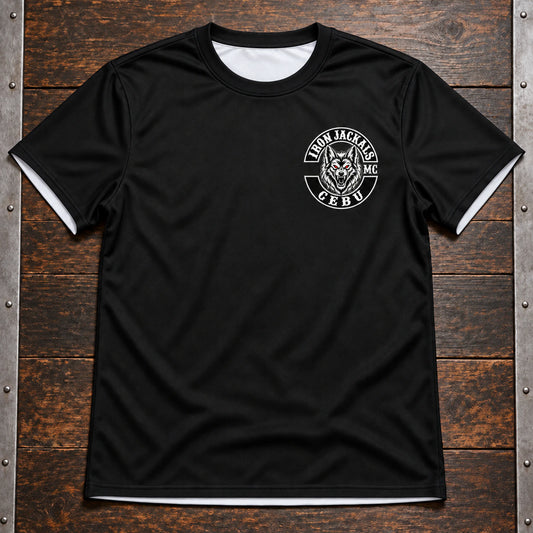 Custom motorcycle club black shirt shown for black heritage base color.