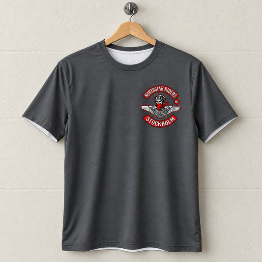 Custom motorcycle club charcoal grey shirt shown for charcoal grey heritage color.