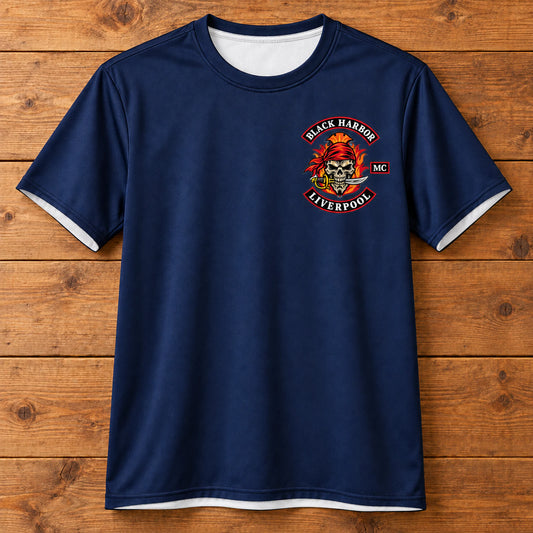 Custom motorcycle club dark navy shirt shown for dark navy heritage color.