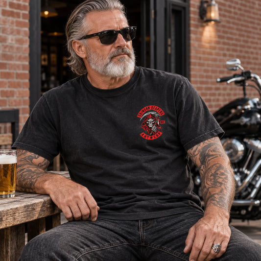 Custom motorcycle club washed black cotton-feel shirt shown for soft cotton-feel performance fabric.