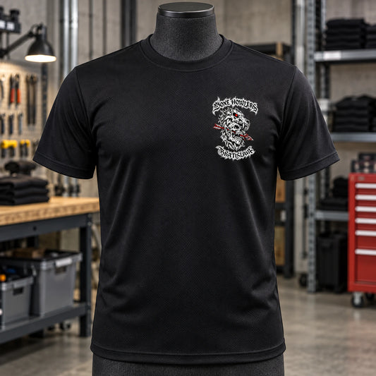 Custom motorcycle club black lightweight knit short-sleeve shirt shown for lightweight performance polyester.